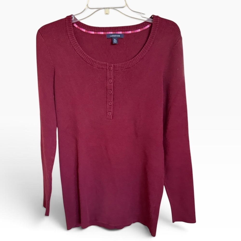 Lands End Henley Sweater Womens XL Burgundy Ribbed Knit LS Preppy Stretch